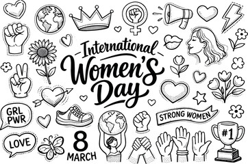 Image Generation. International Women&rsquo;s Day hand drawn doodle elements set, center hand-lettered title, black & white vector line