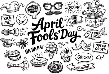 Image Generation. April Fools&rsquo; Day hand drawn doodle elements set, center hand-lettered title, black & white vector line art, bold