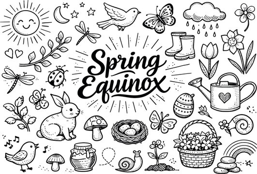 Image Generation. Spring Equinox hand drawn doodle elements set, center hand-lettered title, black & white vector line art, bold