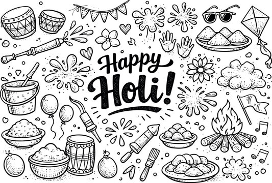 Holi Festival Doodle Elements. Holi festival hand drawn doodle elements set, center hand-lettered title, black & white vector line