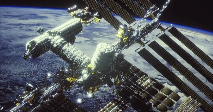 A detailed view of the International Space Station illuminated against the backdrop of Earth during twilight. Its solar panels and modules reflect light as the planet glows beneath.