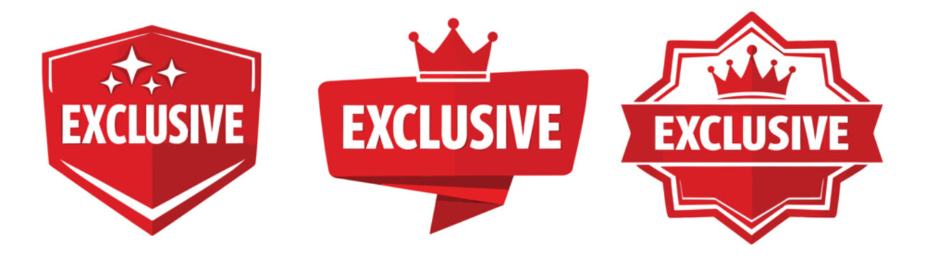 Modern badges set featuring exclusive text, crowns, and sparkle icons for product promotion and special offers