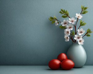 Minimalist Easter Still Life with Red Eggs and Cherry Blossoms created with Generative AI Technology, ai, generative