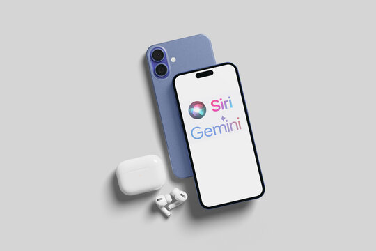 Iphone displaying siri and gemini ai voice assistant logos
