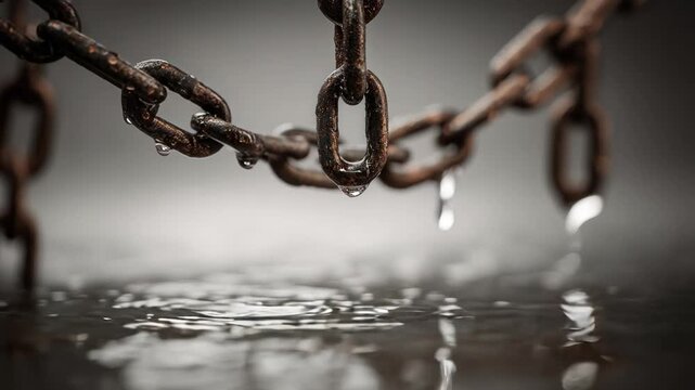Close-up of a rusty chain links with water droplets, reflecting in rippled water below