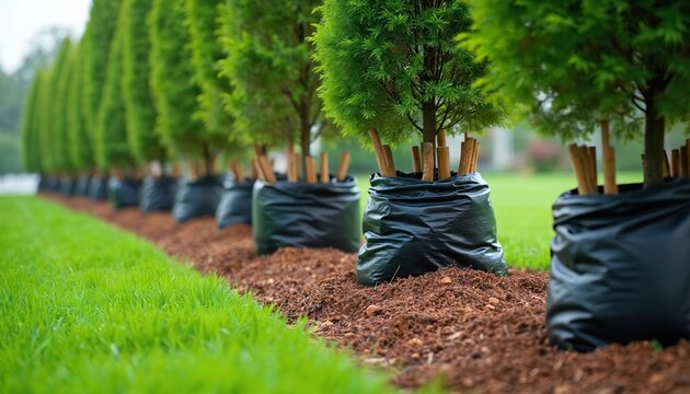 Young evergreen trees wrapped in black bags sit in neat rows. Mulch covers the ground around tree bases. Rich green grass borders the planting area. Outdoor landscaping project underway.
