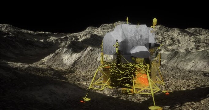 A lunar lander sits on a rugged terrain illuminated by moonlight. The landscape features craters and rocky formations that capture the essence of space exploration.
