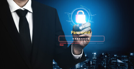 A concept of user authentication and password security. The interface shows a password strength...