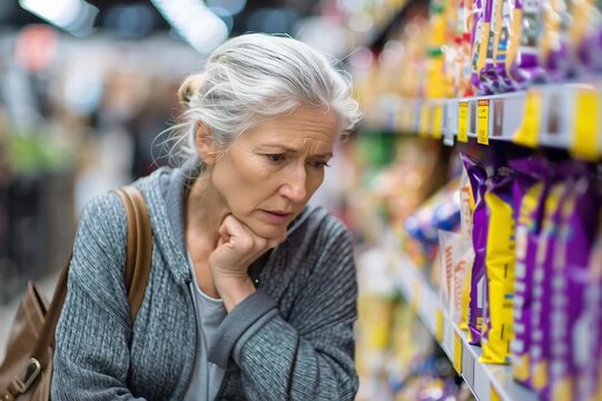 A surprised mature woman looking on a price tags in supermarket