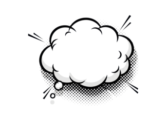 large, blank cloud thought bubble in high-contrast black and white pop art style with dynamic comic emphasis lines and halftone shadow, centered on white. concept of immediate expression and unspoken