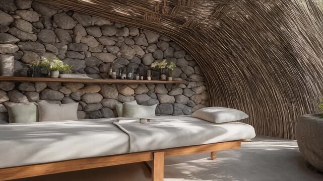 Spa interior featuring a massage table, stone wall, thatched ceiling, and natural decor