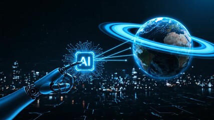 Robotic hand touches glowing AI chip surrounded by digital circuits with city lights below. - Powered by Adobe