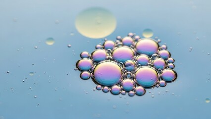 Abstract liquid bubbles with iridescent pastel surfaces, floating on a calm baby blue liquid.
