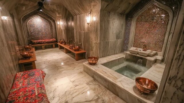 A luxurious spa space with marble, copper vessels, and intricate tilework