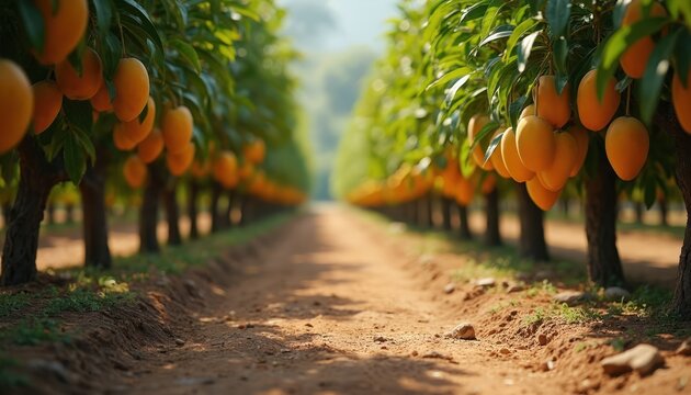 Rows of mango trees heavy with ripe fruit grow in a farm field. A dirt path leads through the orchard. Lush green leaves and orange mangoes fill the scene.