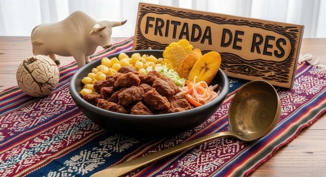 Authentic Ecuadorian Fritada de Res Beef Dish on Otavalo Textile with Guayac&aacute;n Wood Plaque and Tagua Carving