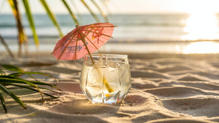Paper umbrella perched on frosty drink