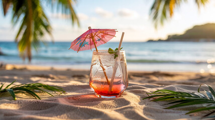 Paper umbrella perched on frosty drink