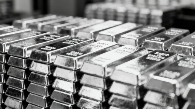 Stacked silver metal bars, precious commodity investment background.