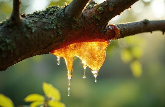 Tree branch oozing thick amber liquid dripping down onto leaves. Moss covers bark, natural outdoor scene, detailed macro shot. Sunlight shines through sticky substance.