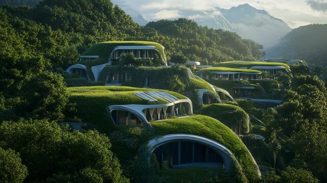 Sustainable Eco-Friendly Architecture with Green Roofs Blending into Lush Mountain Landscape