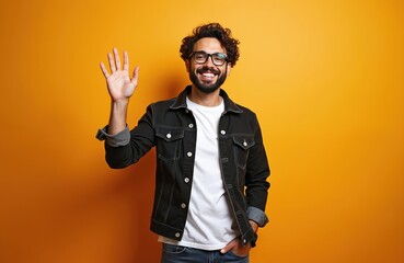 Naklejka premium Young man waves hello with smiling face and hand raised. Person wearing glasses and denim jacket against bright orange wall. Cheerful guy offers welcome greeting or friendly goodbye gesture.