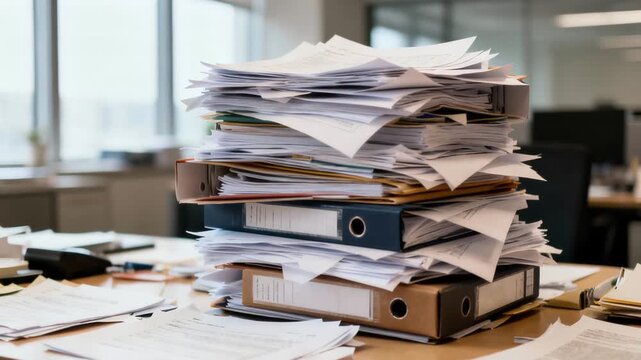 Stack of paperwork files on desk, office workload and bureaucracy concept.
