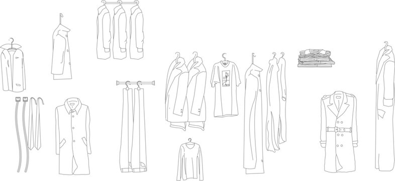 Technical vector collection of clothing and accessory elevation symbols, featuring trench coats, dresses, t-shirts, belts, and neckties for professional retail displays and closet interior design.