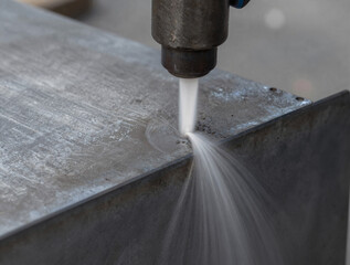 Close-up of a high-pressure water jet cutting through a 10 cm steel block, showing precision and spray