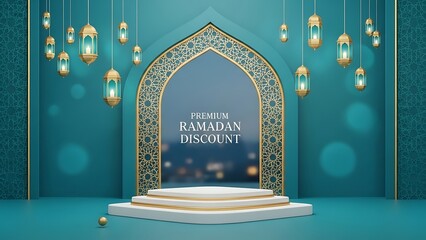 Ramadan Discount Promotion with Elegant Islamic Arch and Lanterns.