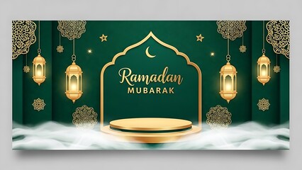 Ramadan Mubarak Islamic Celebration Banner with Golden Podium and Lanterns.
