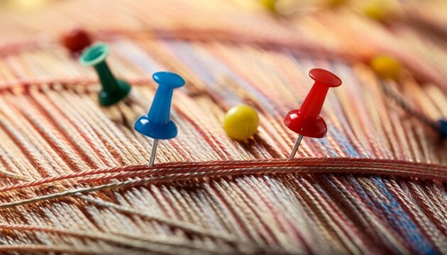 close up view of some threads connected by a thumbtack
