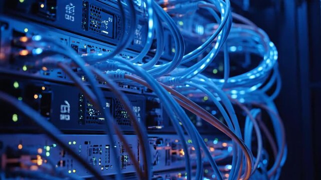 Close-up of tangled network cables in a server room with blue lighting