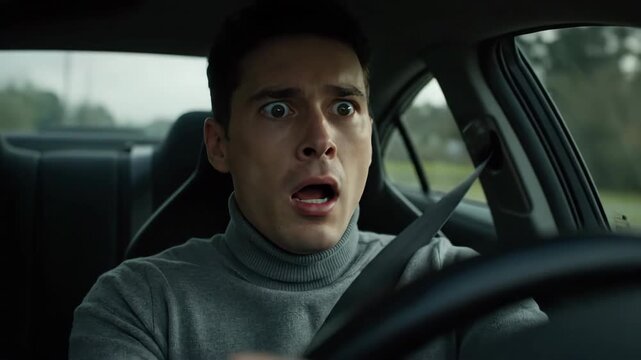 Man driving a car looks shocked with wide eyes and open mouth, wearing a gray turtleneck.