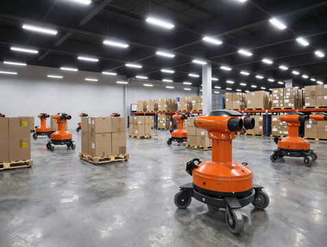 Autonomous orange robots navigate a vast warehouse, moving palletized cardboard boxes under bright LED bay lighting.