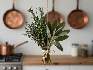 Hanging herb bundle of rosemary, thyme and sage in a rustic kitchen with copper pans in the background