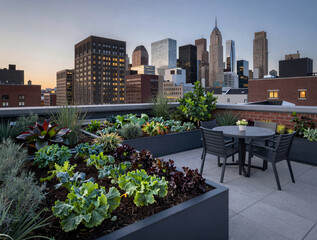 Fototapeta premium Rooftop garden with vegetable beds and dining set overlooking a city skyline at dusk