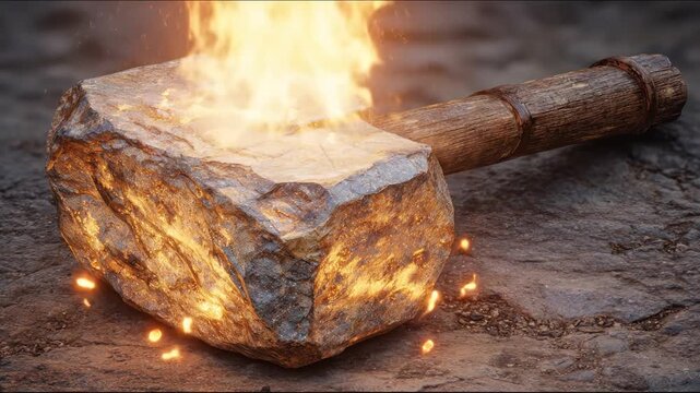 A fiery stone hammer rests upon a stone surface, fire glowing from its face