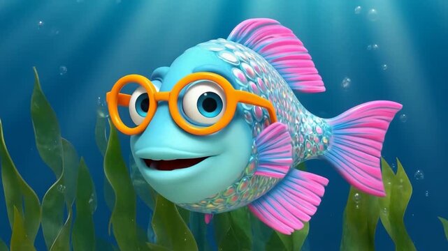 Cute Cartoon Fish with Glasses Underwater 3D