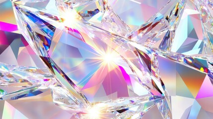 Interconnected crystal shards with brilliant light refraction and prismatic colors forming a complex abstract geometric pattern