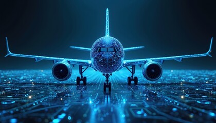 Futuristic airplane composed of glowing digital particles lands on circuit board tarmac. Advanced aviation tech connects world via data streams. Innovation in global transport systems.
