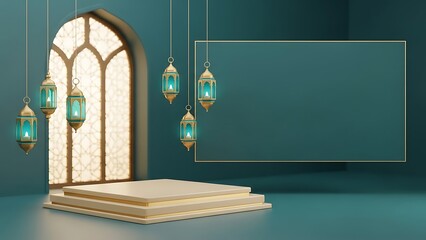 Ramadan Kareem Islamic greeting background with mosque window, lanterns, and podium.