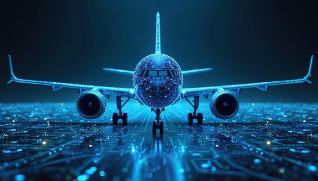Futuristic airplane composed of glowing digital particles lands on circuit board tarmac. Advanced aviation tech connects world via data streams. Innovation in global transport systems.