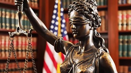 Closeup view of Lady Justice statue blindfolded and holding balance scales with American flag and rows of books in the background courtroom office