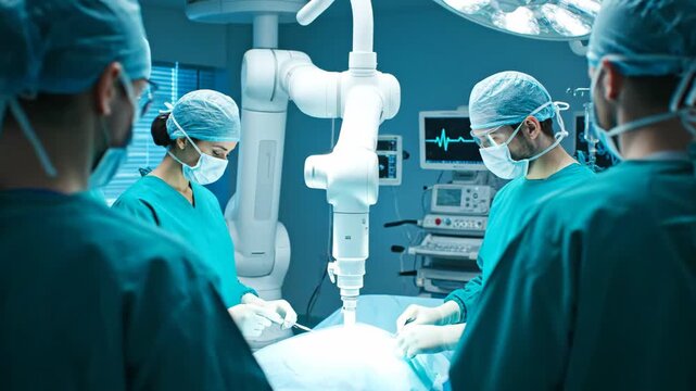 Medical team performs surgery assisted by a robotic arm in a brightly lit operating room.
