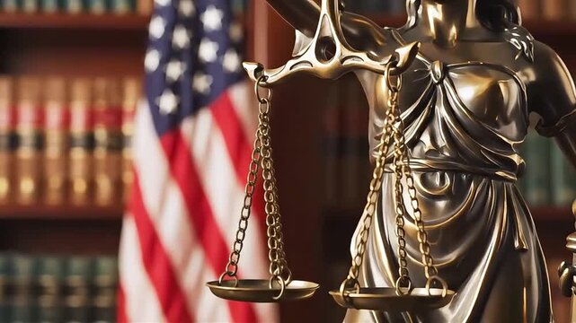 Bronze statue of Lady Justice holding scales and sword standing in front of United States flag and wooden bookshelves in law library courtroom office