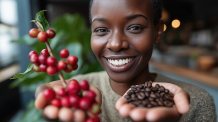Smiling african female displaying fresh coffee cherries and roasted beans indoors