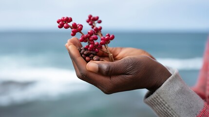 African adult holding red berries by ocean