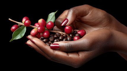 African female hands holding coffee cherries and beans against black background