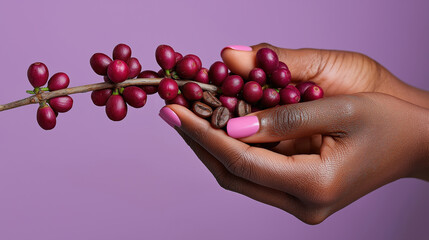 African female hands holding coffee branch with ripe red berries on purple background